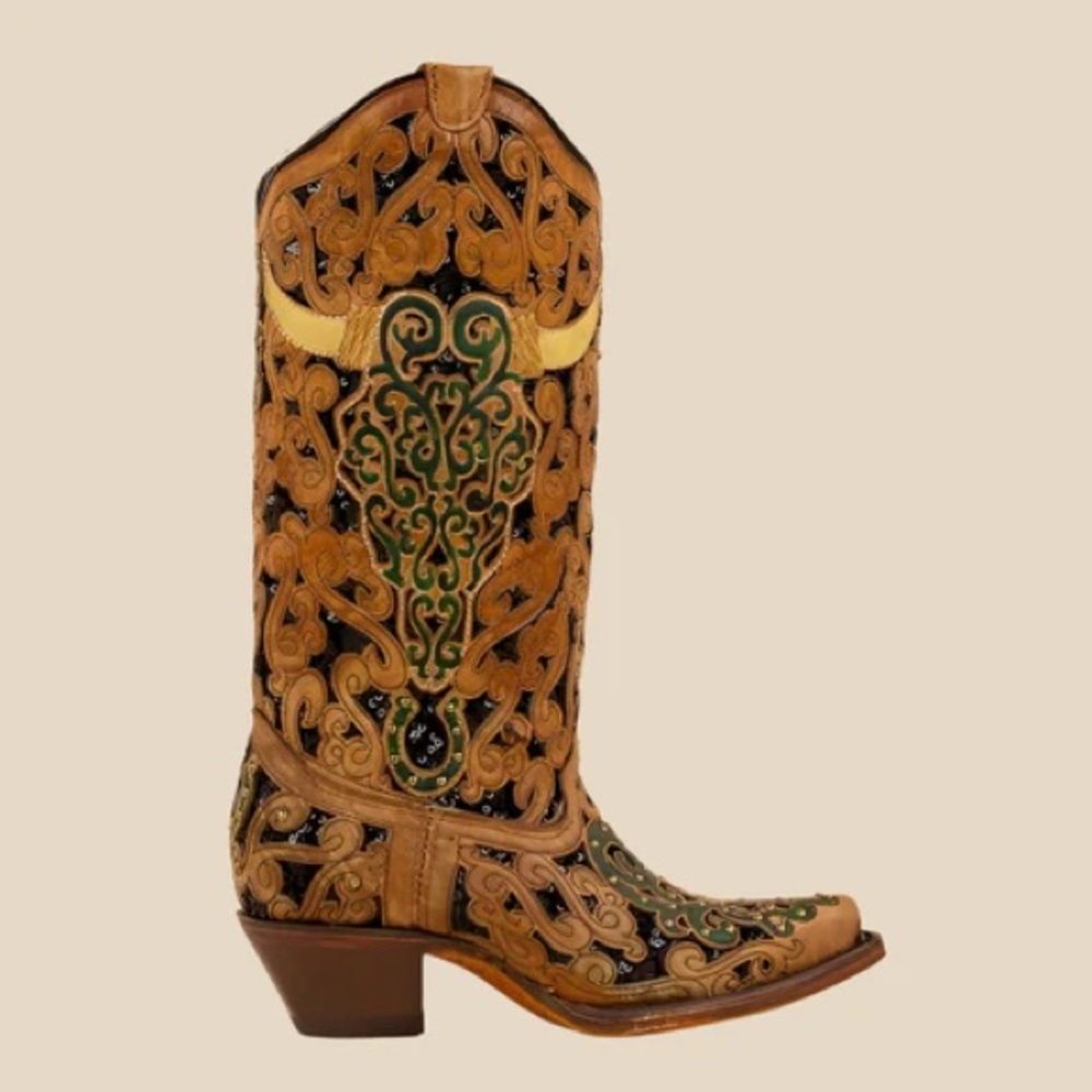 Corral Bull Skull Glitter Brown Black Green Corral Cowboy Western Boots A4406
